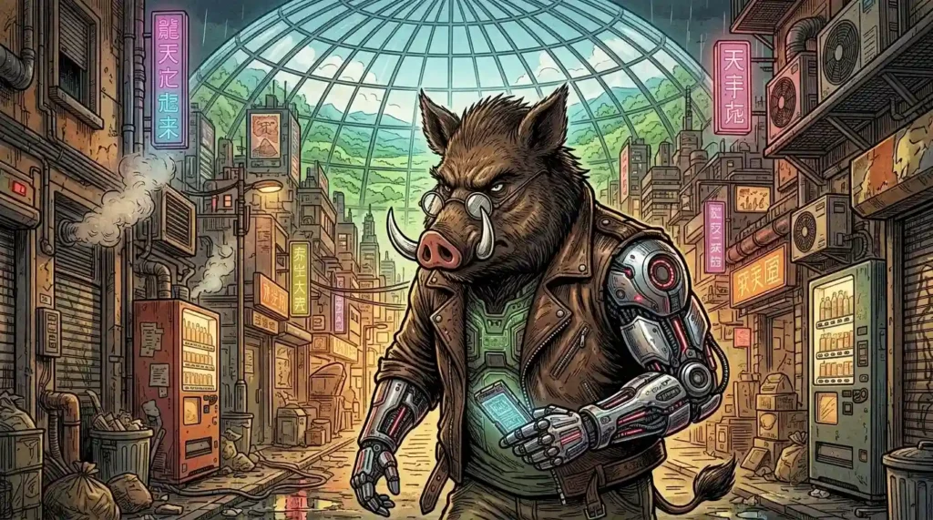 cinghiale cyberpunk che combatte contro la tecnologia per conoscere veramente l'essere e abbattere il concetto di transumanesimo